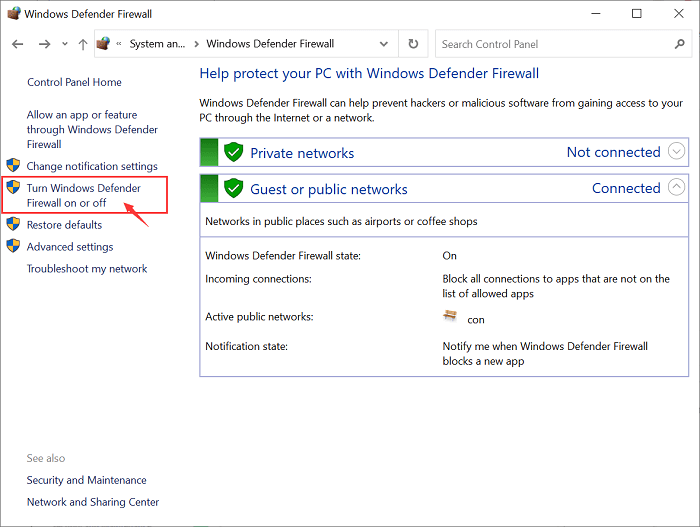 Turn on or off Windows Defender Firewall