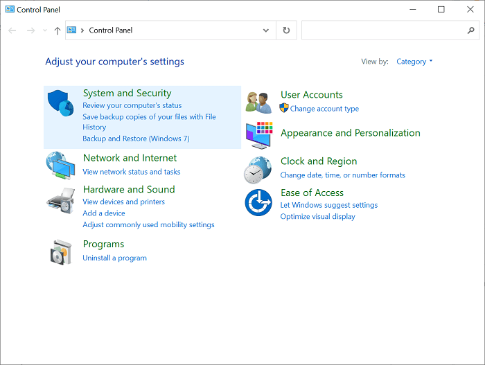 Windows Control Panel System and Security