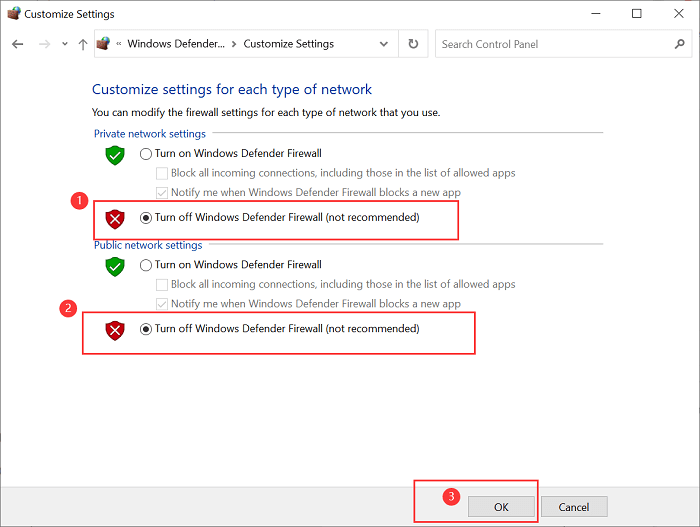 Turn off Windows Defender Firewall