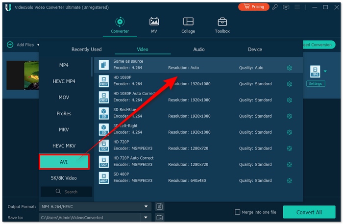 Choose AVI Output Format