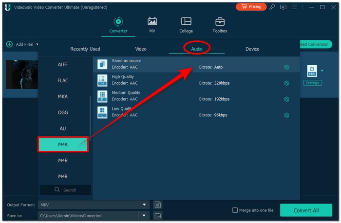 Select M4A Audio Format