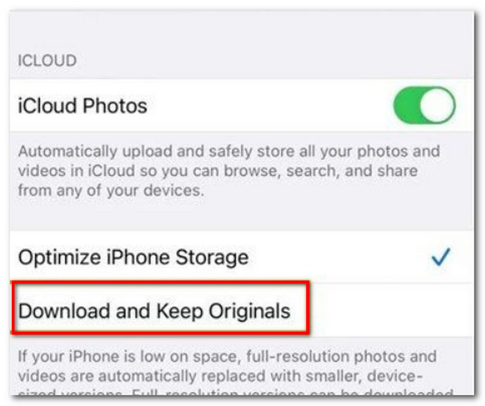 Select Download And Keep Originals