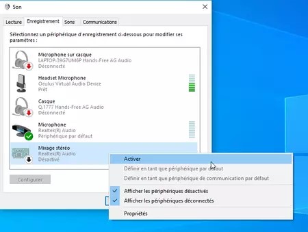 Activer mixage stéréo Windows