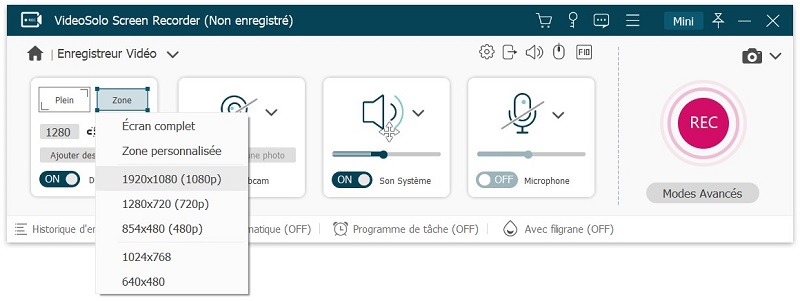 Sélectionnez zone d'enregistrement vidéo