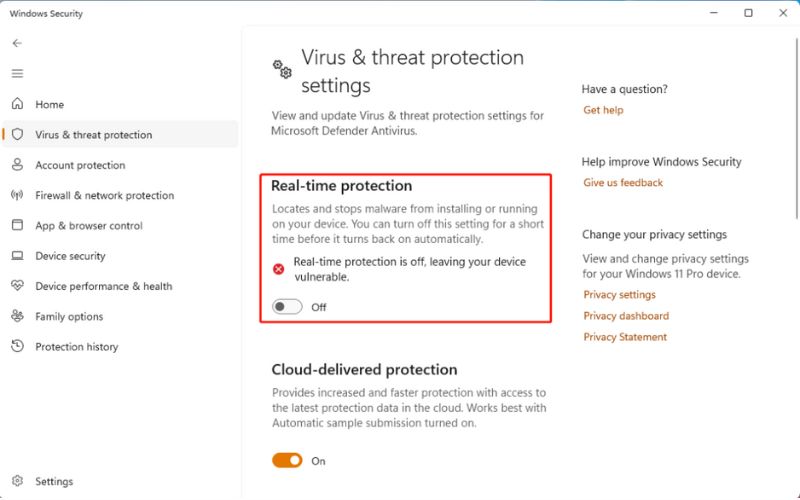 Toggle Off Real Time Protection