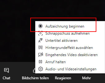 Die Option „Aufzeichnung beginnen“ auf Skype auswählen
